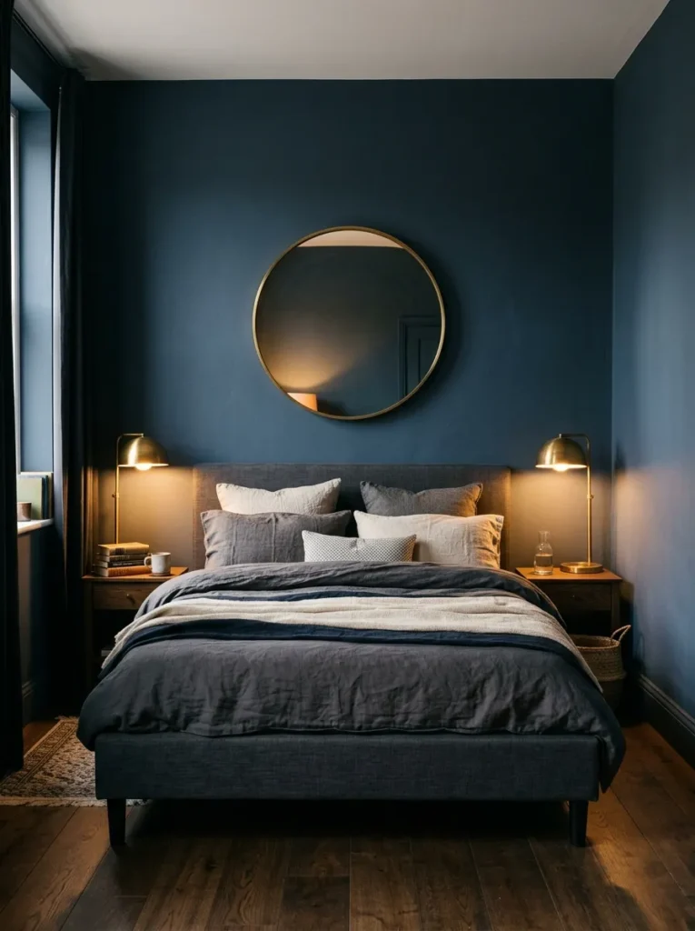 Brass bedside lamps and hardware paired with deep blue walls in a bedroom