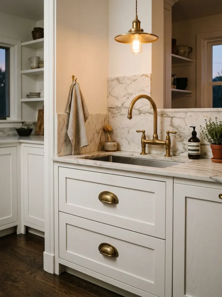 Brass cabinet hardware and faucet against white cabinetry in a bright kitchen