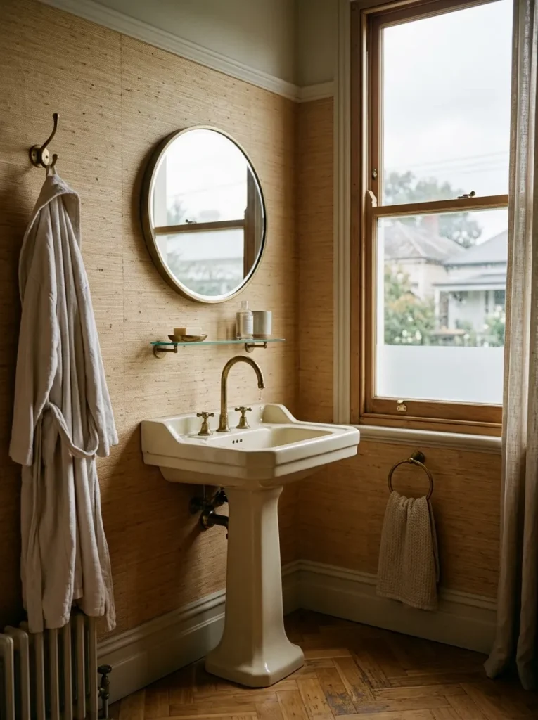 Unlacquered brass tap, towel ring, and mirror frame creating cohesive hardware throughout a grasscloth-walled bathroom.