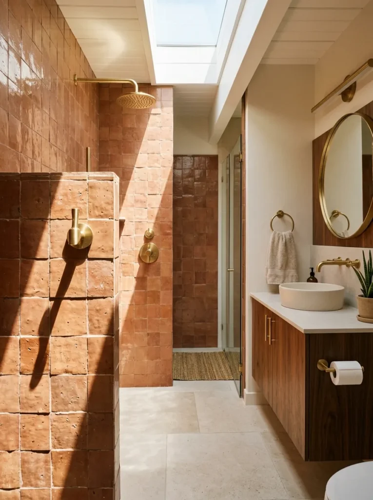 All bathroom hardware in matching brushed brass finish against terracotta Zellige tile in a mid-century bathroom.