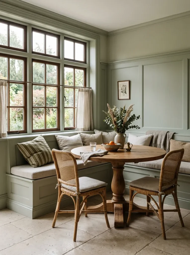  Built-in dining banquette with custom-fitted cushions along a luxury dining room window wall
