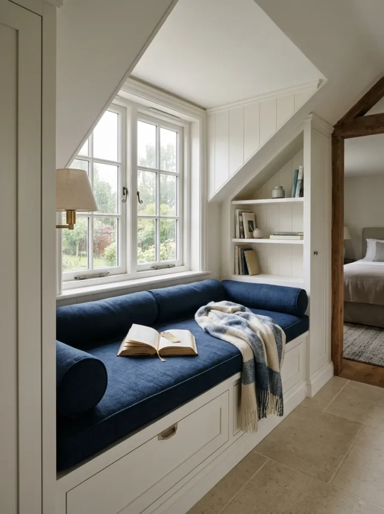 Built-in window seat with deep blue cushions and storage beneath a bedroom window