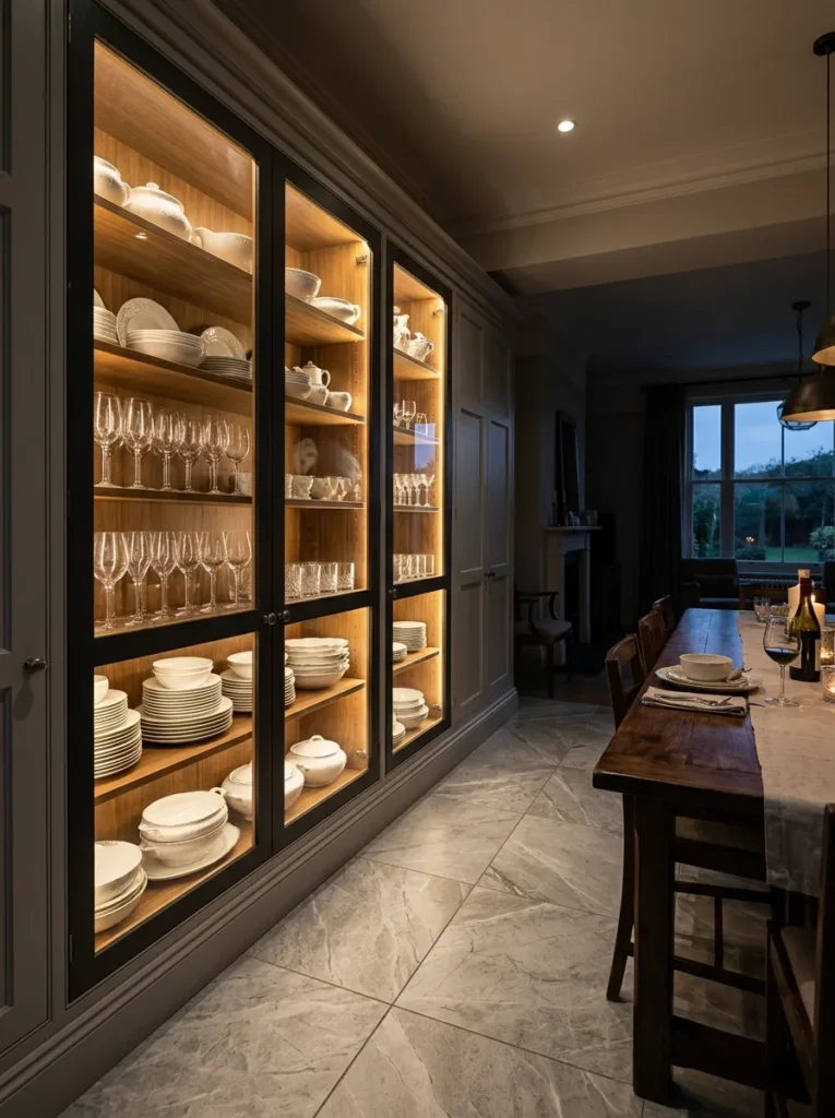 Glass-front built-in china cabinet with warm interior lighting displaying dinnerware in a luxury dining room