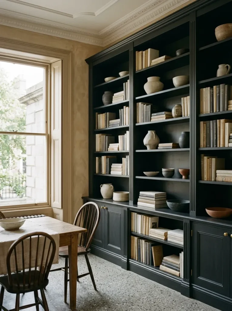 Floor-to-ceiling built-in dining room shelving with ceramics and monochromatic books in a Georgian Dublin home with terrazzo floor.