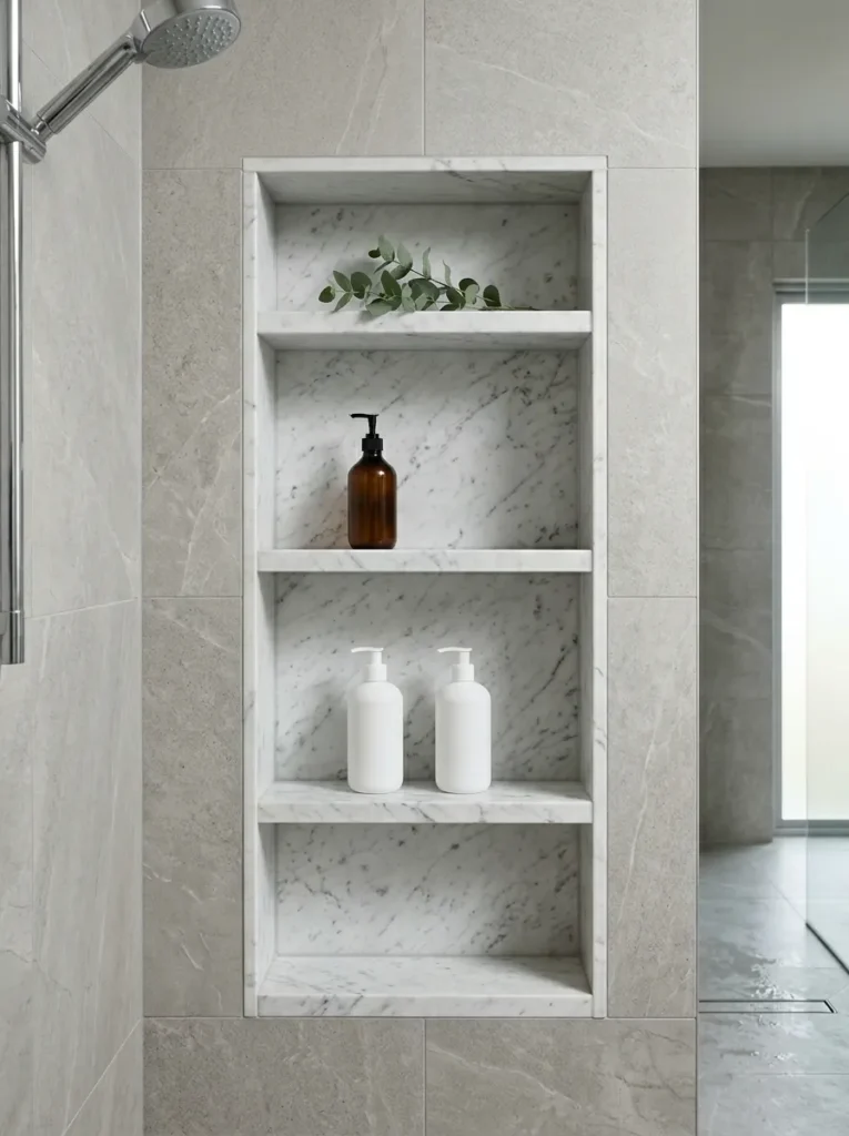 Walk-in shower with three built-in marble floating shelves in a tiled alcove niche, holding minimal shampoo bottles and a eucalyptus sprig