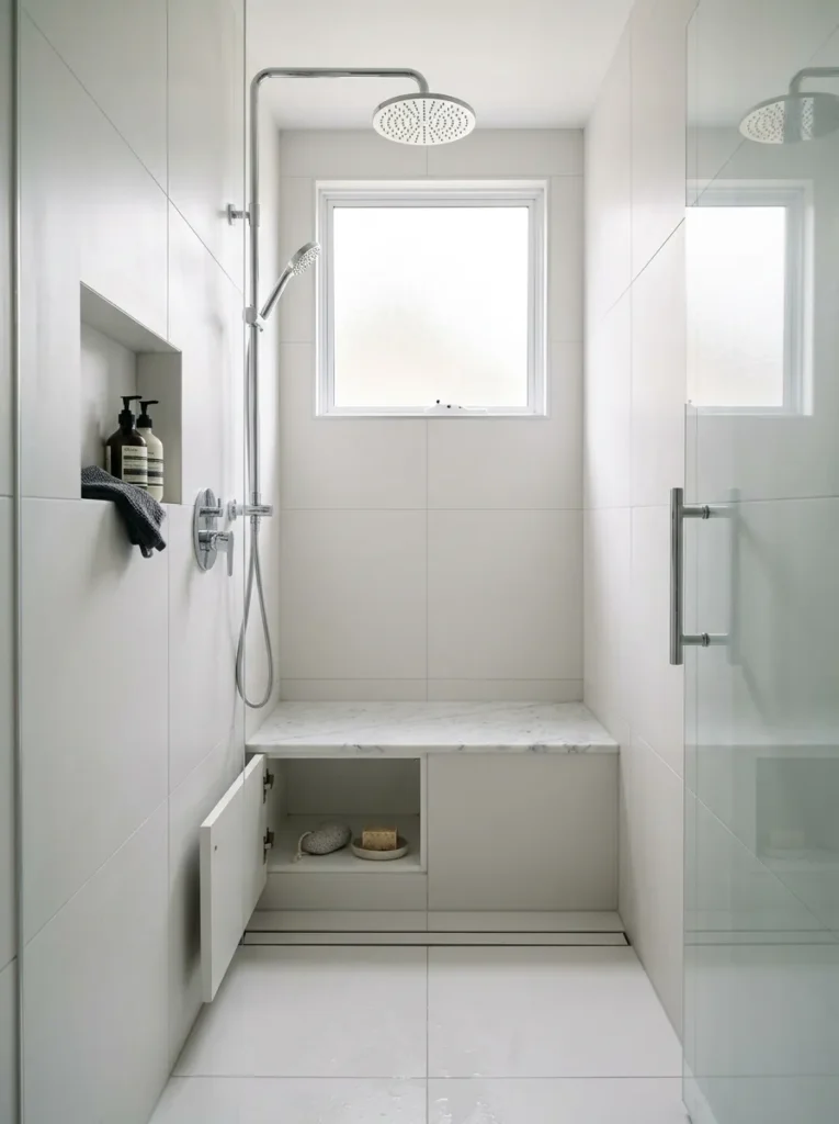 Small walk-in shower with a built-in marble bench seat and a lift-lid storage compartment beneath, beside a chrome rainfall fixture and white tile walls