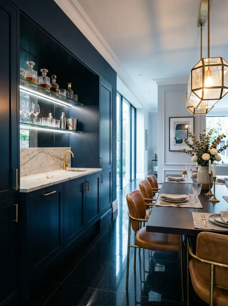  Built-in wet bar nook with marble counter and glass shelving beside a luxury dining room
