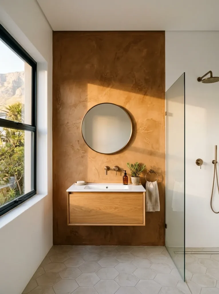 Single Venetian plaster feature wall in deep clay beside plain white walls in a contemporary minimal bathroom.