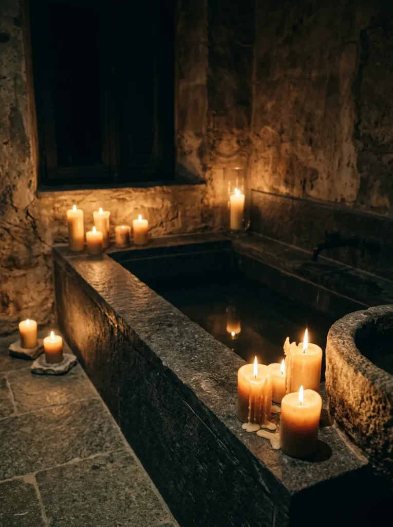 Deep soaking bathtub surrounded by various sized lit pillar candles on stone ledges and the floor in a dark bathroom with stone walls at night

