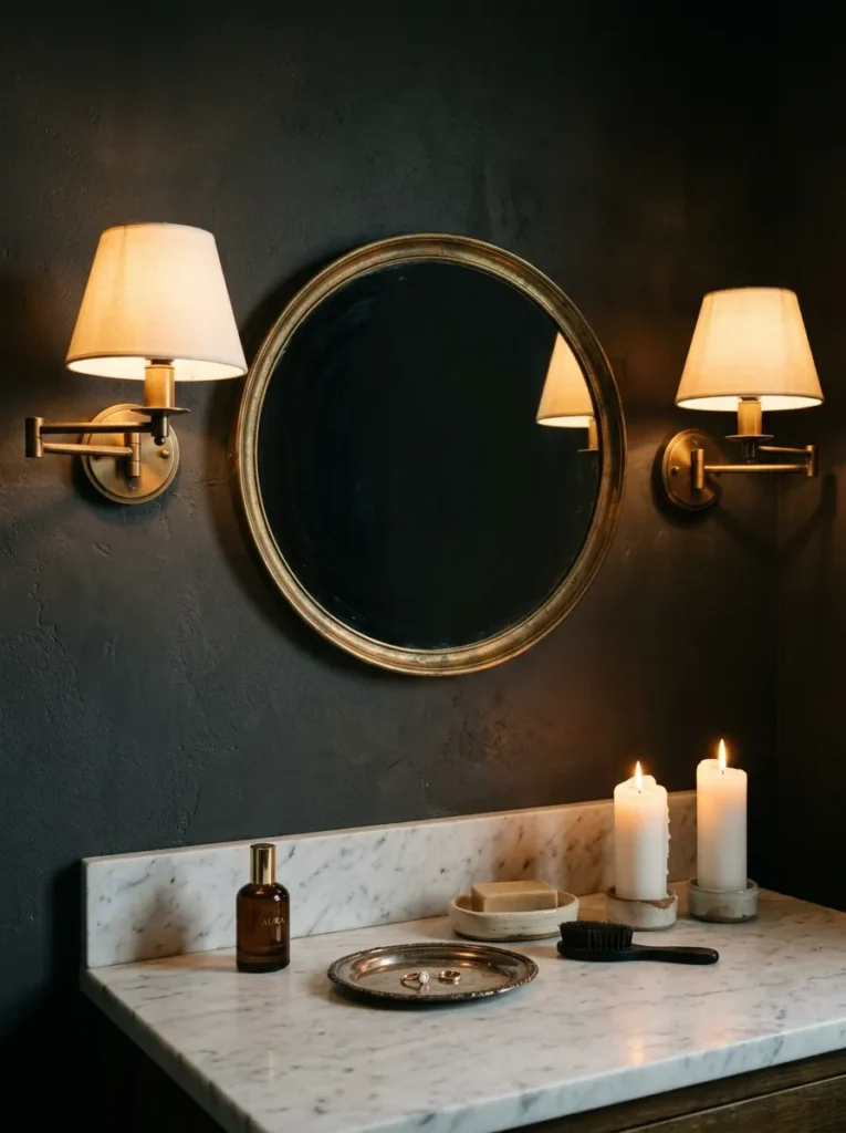 Spa bathroom vanity corner with pair of wall-mounted warm brass sconces on either side of a round mirror, dimmer-controlled warm light, and a marble countertop with candles