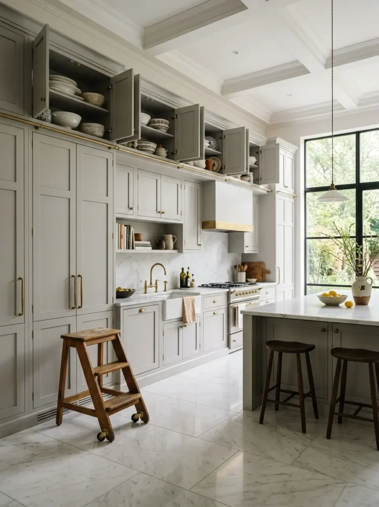 Tall ceiling-height kitchen cabinets paired with a rolling wood step stool for access