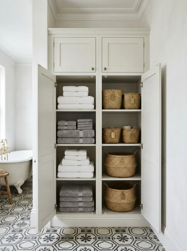 Floor-to-ceiling white shaker-style linen cupboard built into a bathroom alcove, doors open to show folded towels and woven baskets on shelves