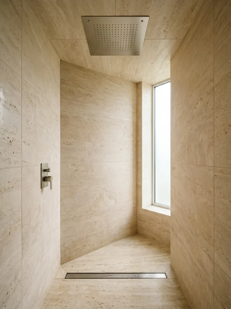 Small wet room with a flush ceiling-mounted square rainfall shower head, linear drain, and continuous pale stone tile floor merging into the wall surface