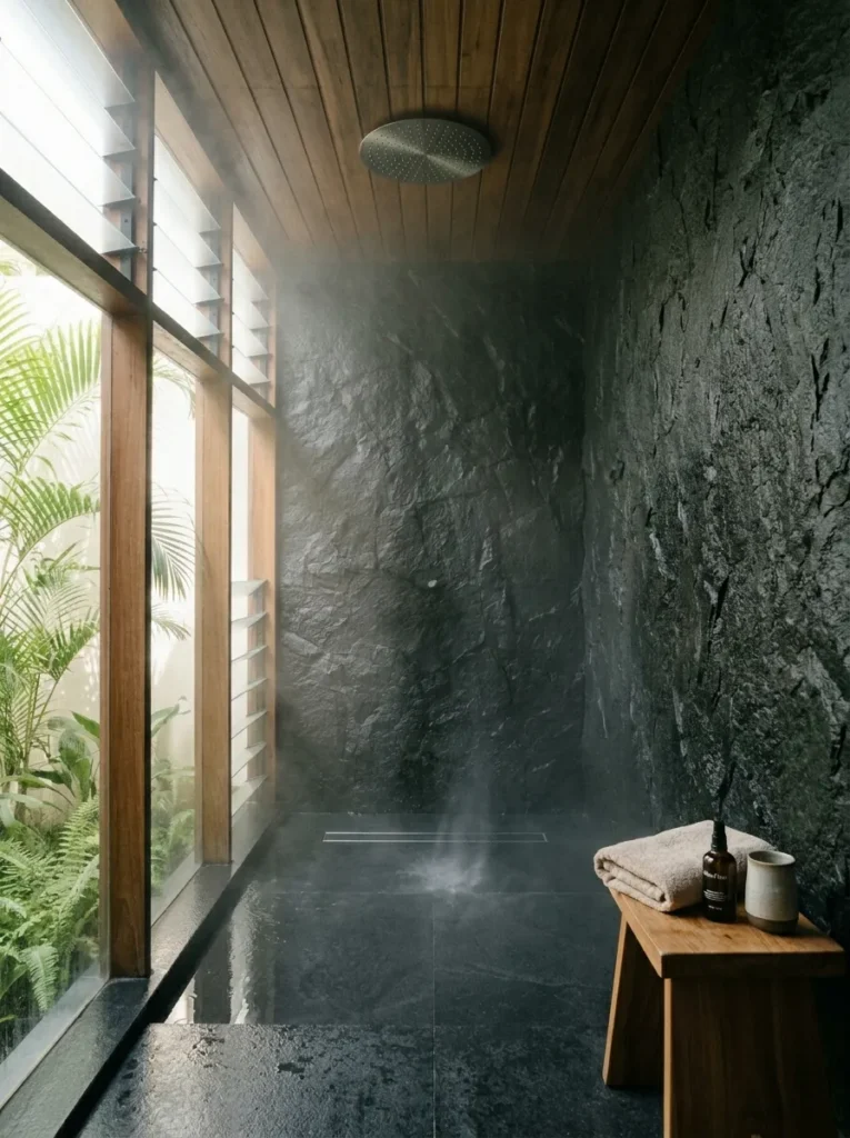 Ceiling-flush 350mm rain shower head above honed volcanic black stone shower floor in a minimal spa bathroom.