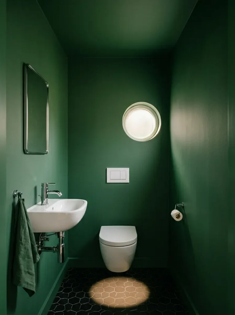Small bathroom with walls and ceiling painted in the same deep forest green, white fittings, and chrome fixtures creating an enveloping elegant space