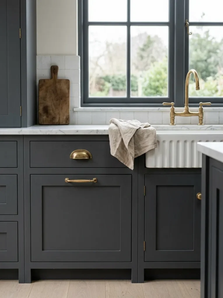 Charcoal kitchen cabinets with unlacquered brass hardware developing a natural patina