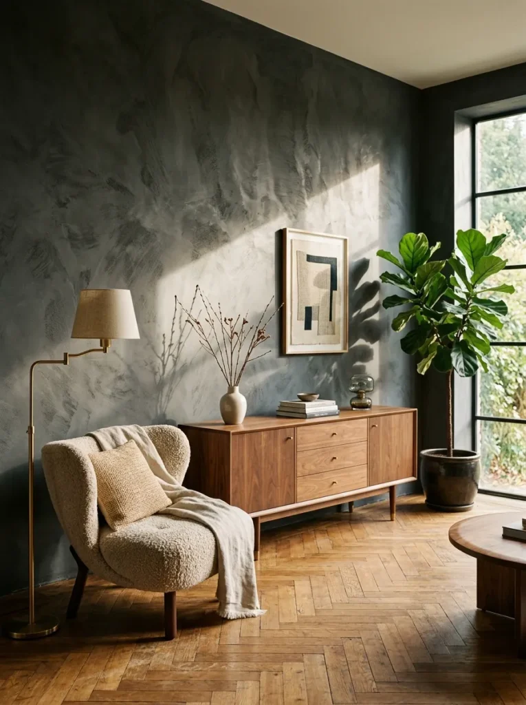 Living room with textured charcoal limewash plaster walls and a warm wood console