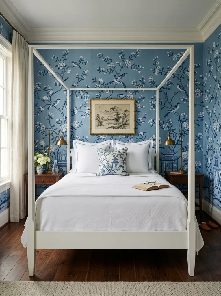lue and white chinoiserie wallpaper covering all walls of a traditional blue bedroom