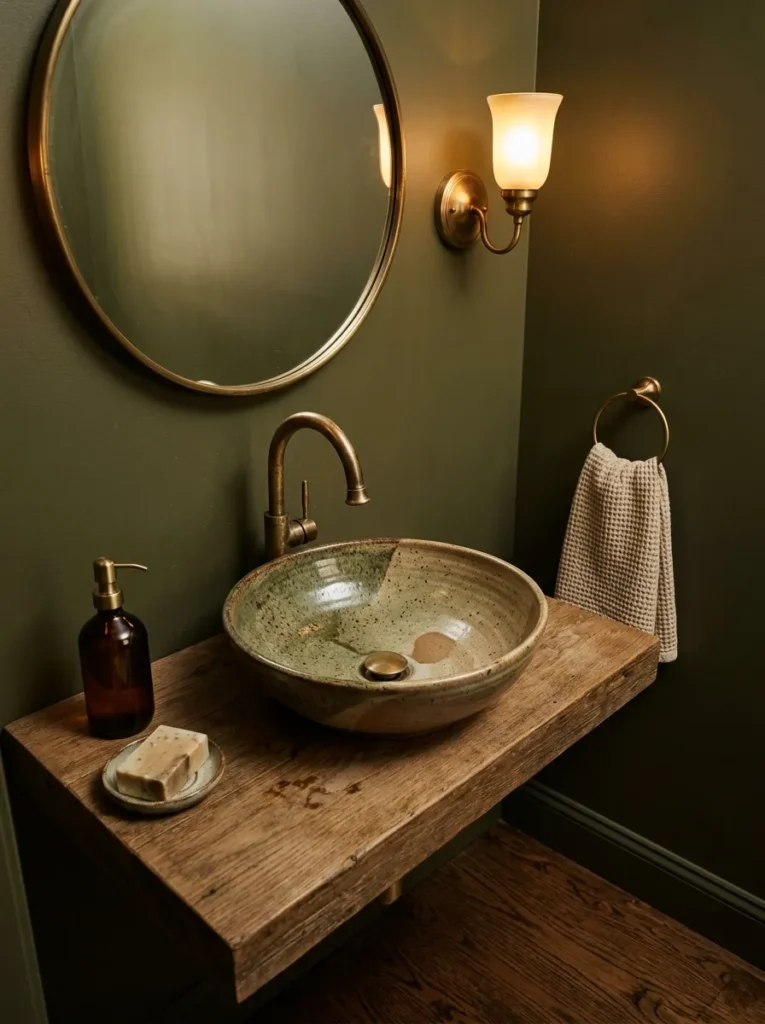 Handmade clay vessel sink with visible glaze variation on a wood vanity 