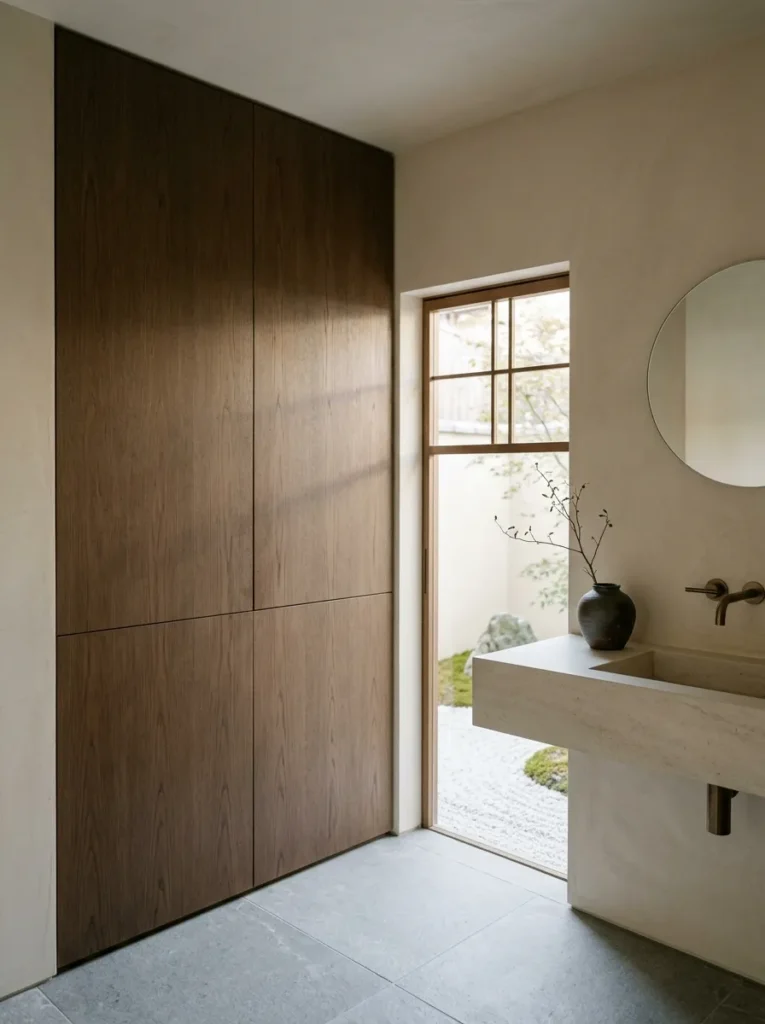 Smoked oak push-to-open full-height bathroom cabinet with no visible handles against Venetian plaster walls.
