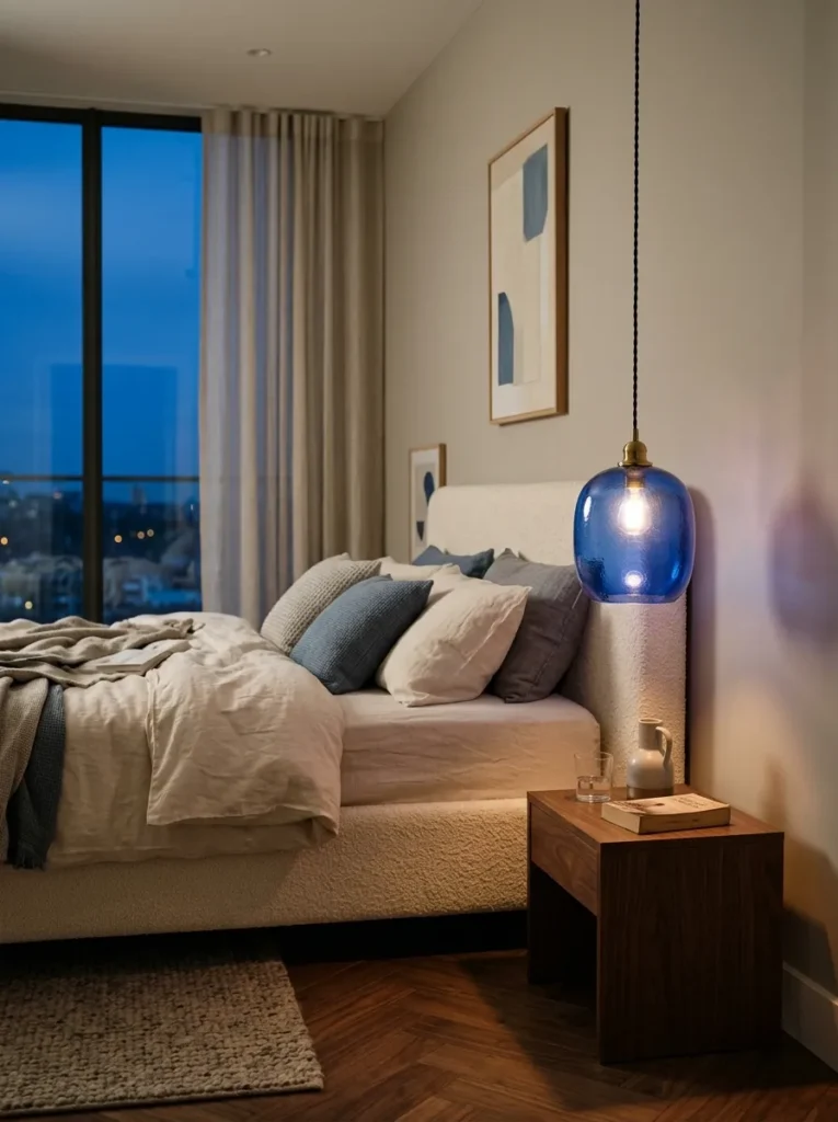 Cobalt blue glass pendant light hanging above a bedroom nightstand