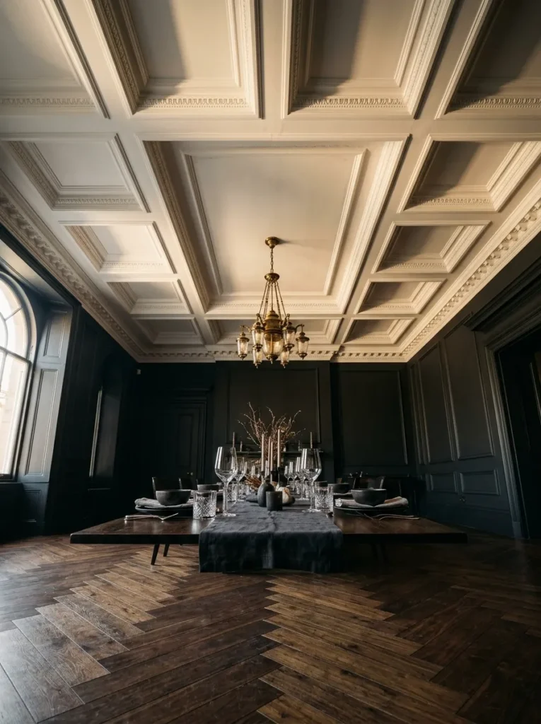  Coffered ceiling with recessed panels and crown molding above a formal luxury dining room
