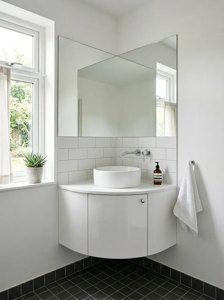 Small bathroom with a custom triangular corner vanity unit in white with a round basin and chrome tap, beside a mirror that opens the corner visually