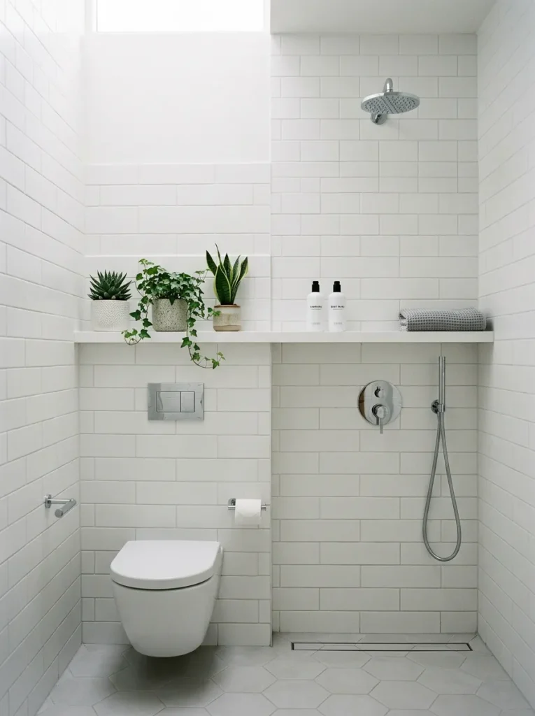 Narrow bathroom with a continuous white floating shelf running over the toilet and continuing along the wall into the shower area, holding products and plants