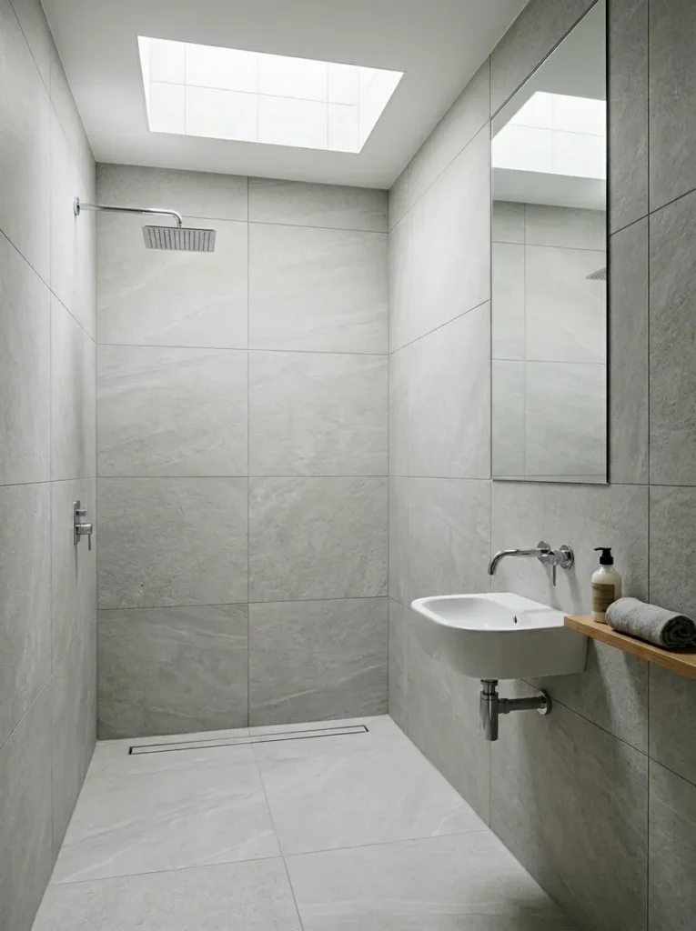 Small bathroom with large-format white marble-effect porcelain tile running continuously from floor up the walls in the same pattern, creating visual flow