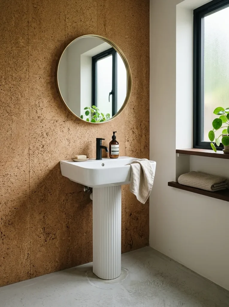 Natural cork wall paneling behind a bathroom vanity for warmth and texture