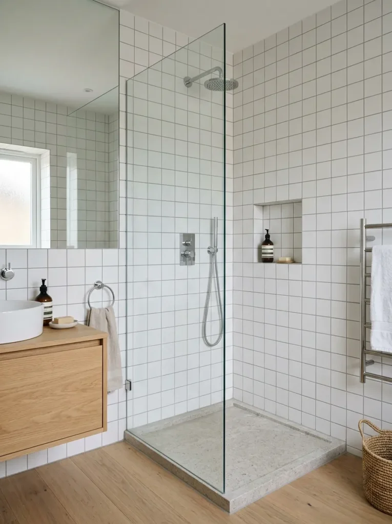 Small bathroom corner shower with a single frameless glass panel instead of an enclosure, beside a compact floating vanity and white tile walls