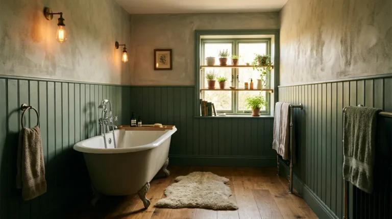 Warm cozy bathroom with sage green tongue-and-groove walls, roll-top bathtub, sheepskin rug, Edison bulb sconces, and herb windowsill in morning light