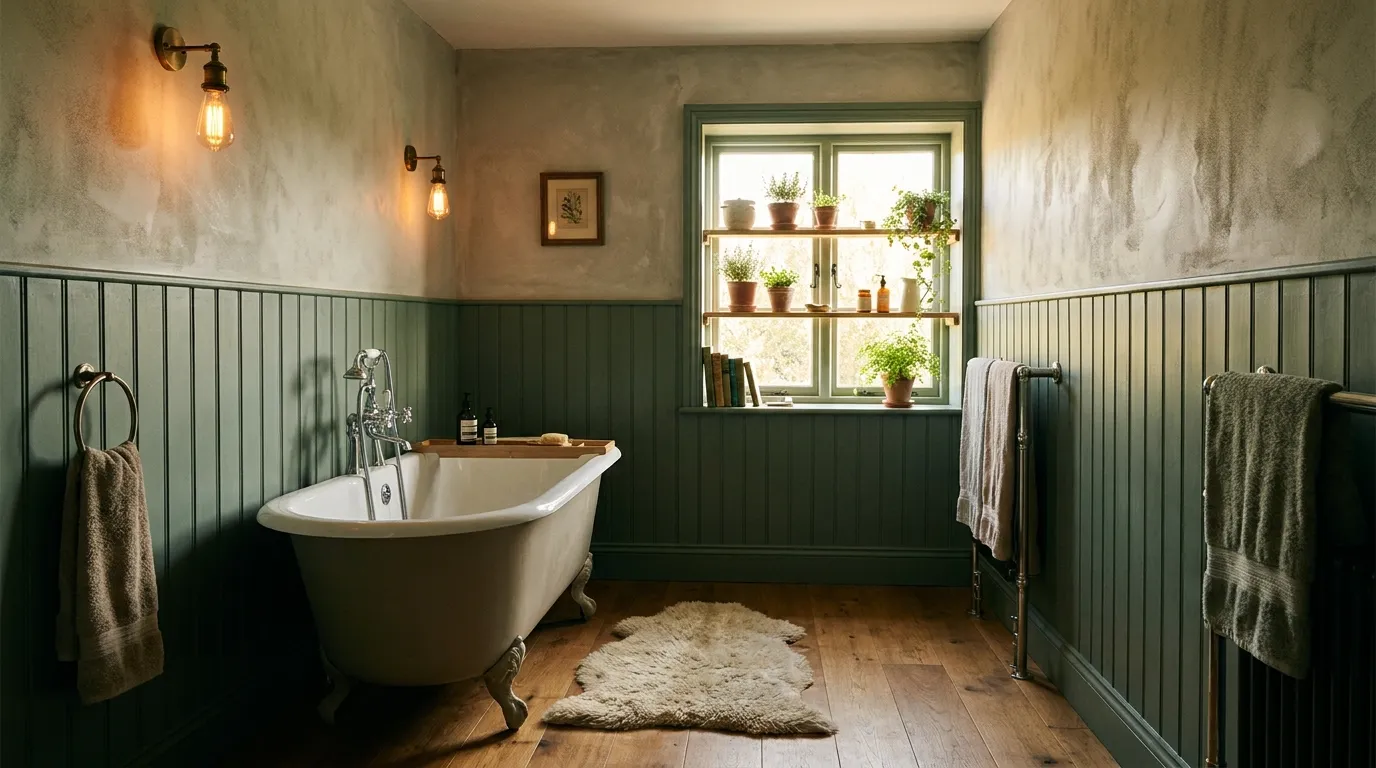 Warm cozy bathroom with sage green tongue-and-groove walls, roll-top bathtub, sheepskin rug, Edison bulb sconces, and herb windowsill in morning light