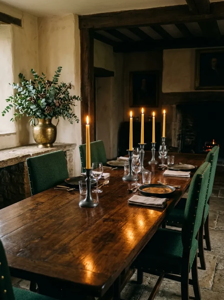 Cozy dining room illuminated by beeswax candles creating warm ambiance and atmosphere
