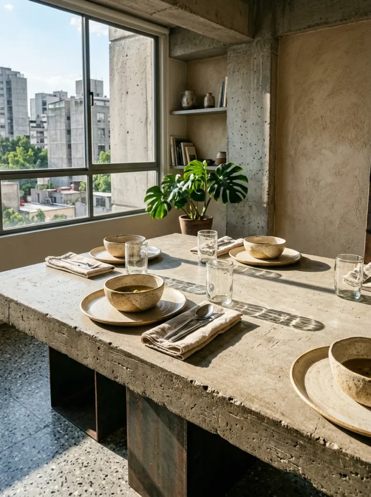 Cozy dining room table featuring handcrafted ceramic plates and collected tableware