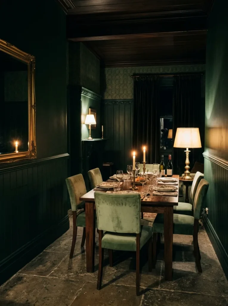 Warm dining room with rich paint colors that create an intimate evening atmosphere
