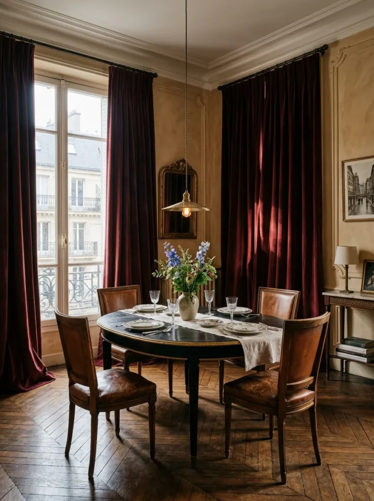 Cozy dining room with floor-to-ceiling curtains creating softness and warmth
