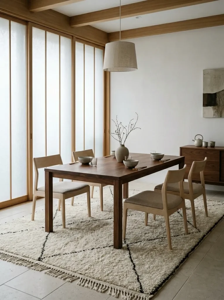 Warm dining room with oversized natural fiber rug extending beyond dining chair legs
