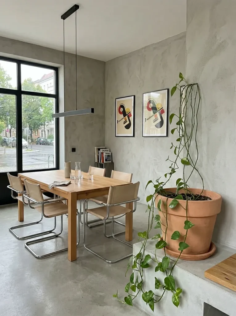 Warm dining room featuring large indoor plants that add natural texture and life
