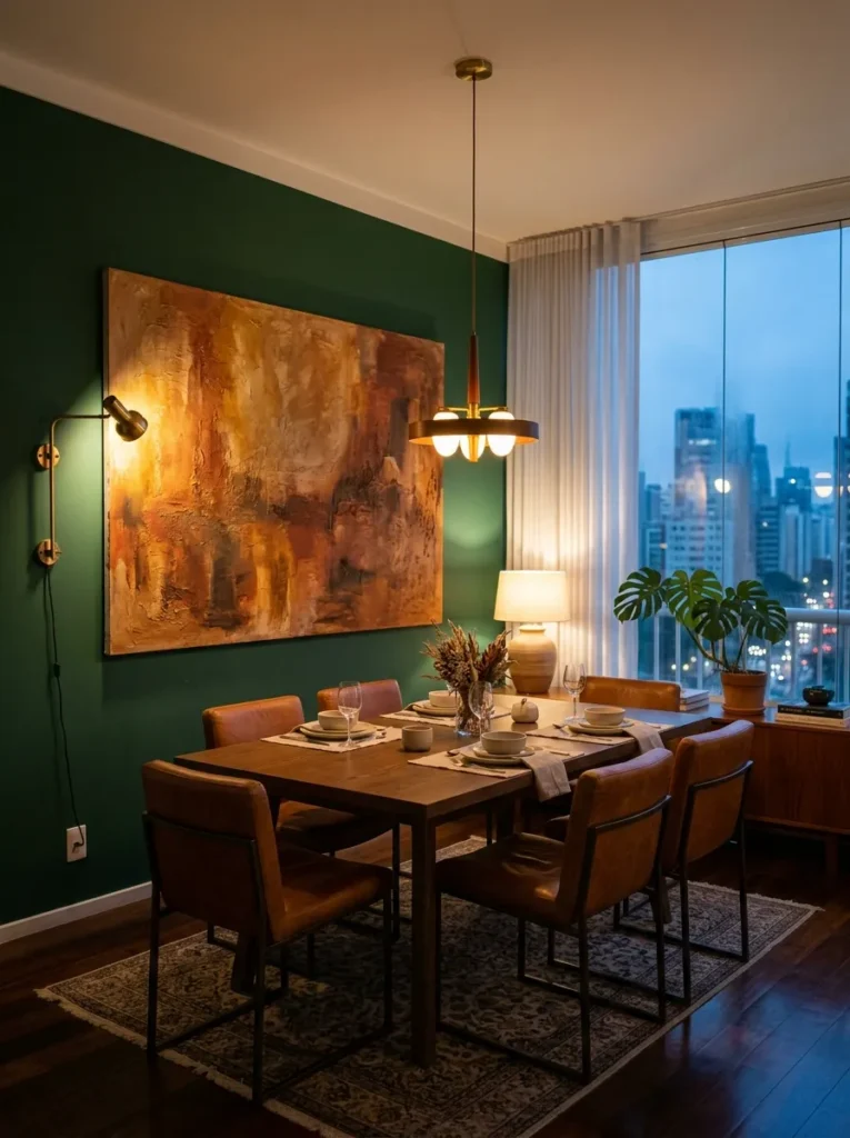 Warm dining room featuring oversized artwork creating a statement focal point