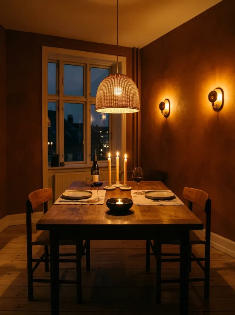 Cozy dining room with layered lighting including candles, wall sconces, table lamps, and pendant lighting
