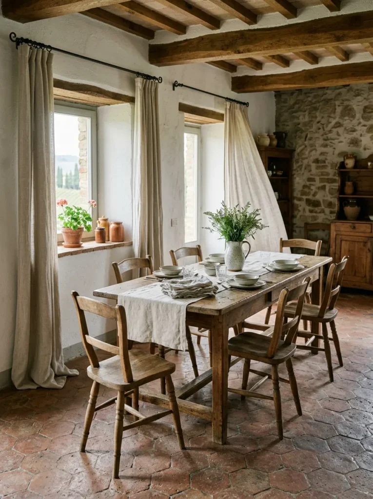 Warm dining room styled with linen curtains, linen table runner, and natural fabrics