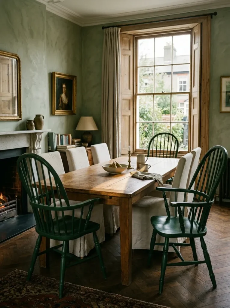 Cozy dining room featuring intentionally mismatched dining chairs with coordinated finishes

