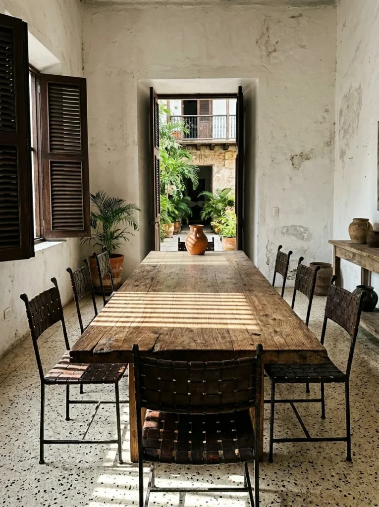 Warm dining room with solid oak dining table showcasing natural wood grain and texture
