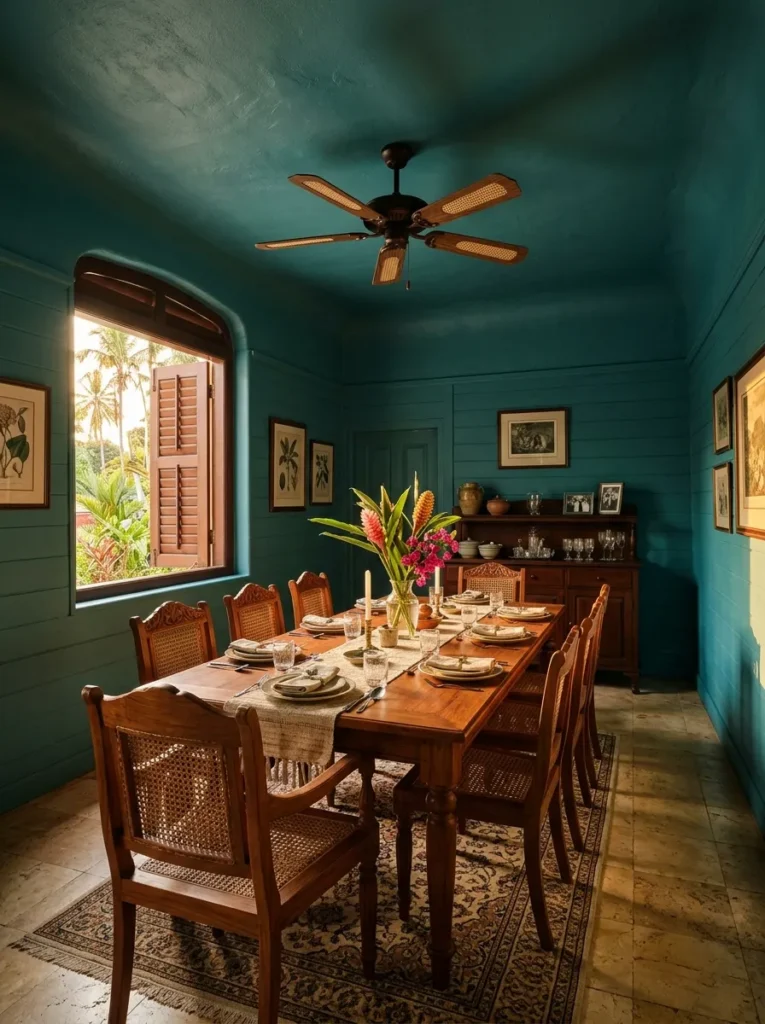 Warm dining room with ceiling painted to match walls for an enveloping atmosphere
