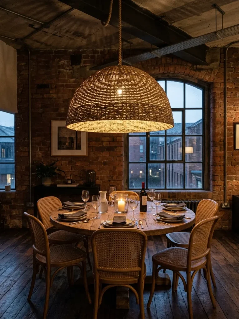 Warm dining room featuring oversized pendant lighting centered above the dining table
