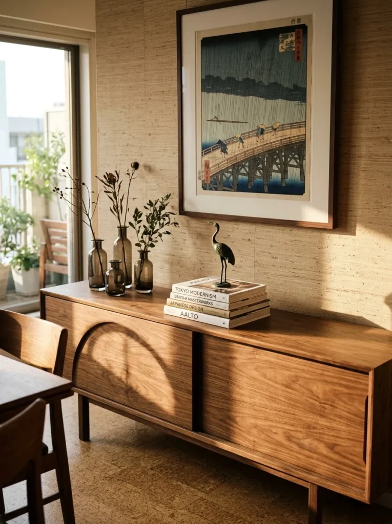 Cozy dining room sideboard decorated with candles, books, and ceramic accessories