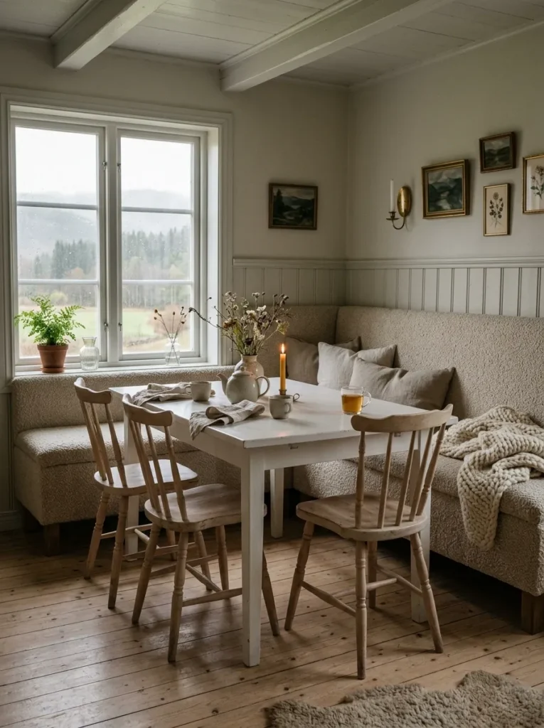 Cozy dining room with upholstered dining bench and comfortable seating for long gatherings
