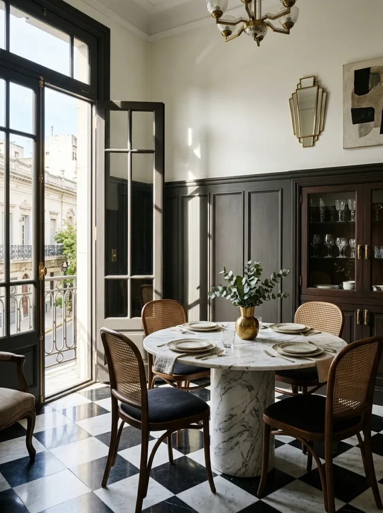 Cozy dining room featuring traditional wainscoting and architectural wall detail
