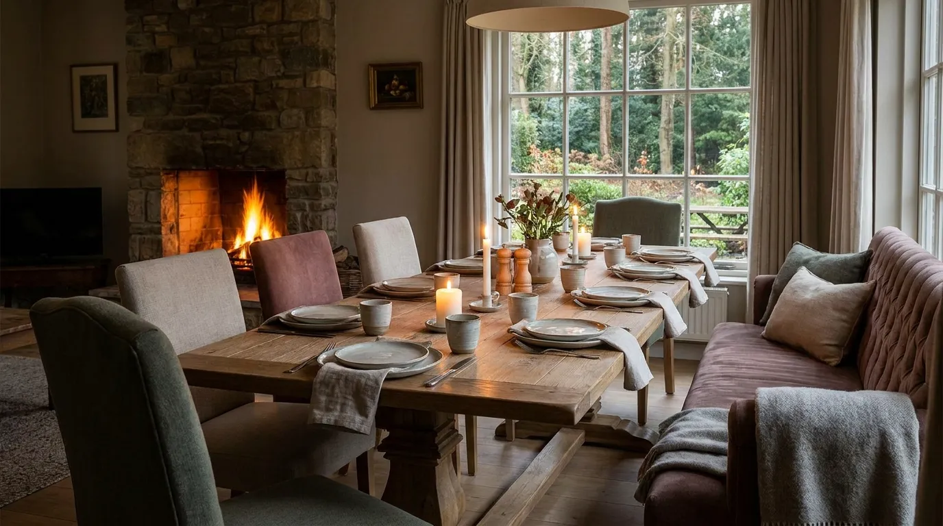 Cozy dining room ideas featuring warm lighting, round dining table, linen textiles, and welcoming dining room decor